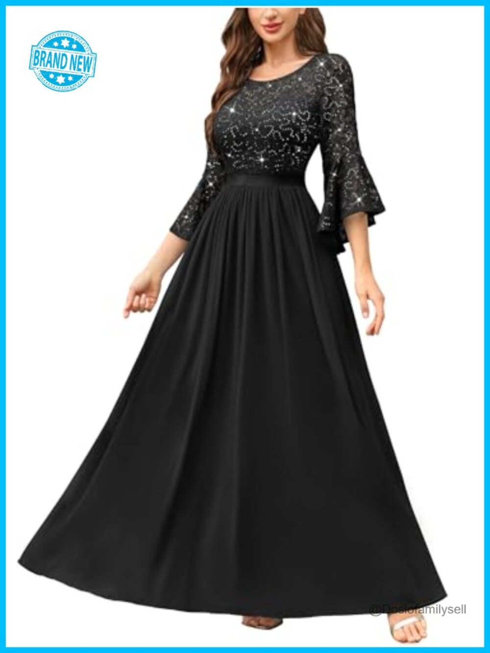 Sequin Lace Bell Sleeve Evening Party Dress Formal Gown